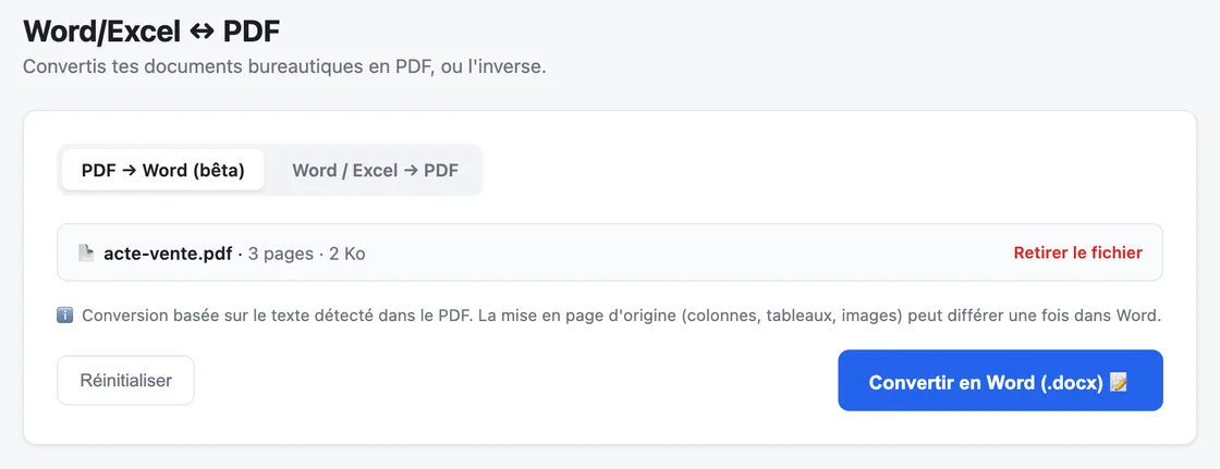 Capture d'écran de l'outil Word/Excel ↔ PDF dans MyFolio PDF