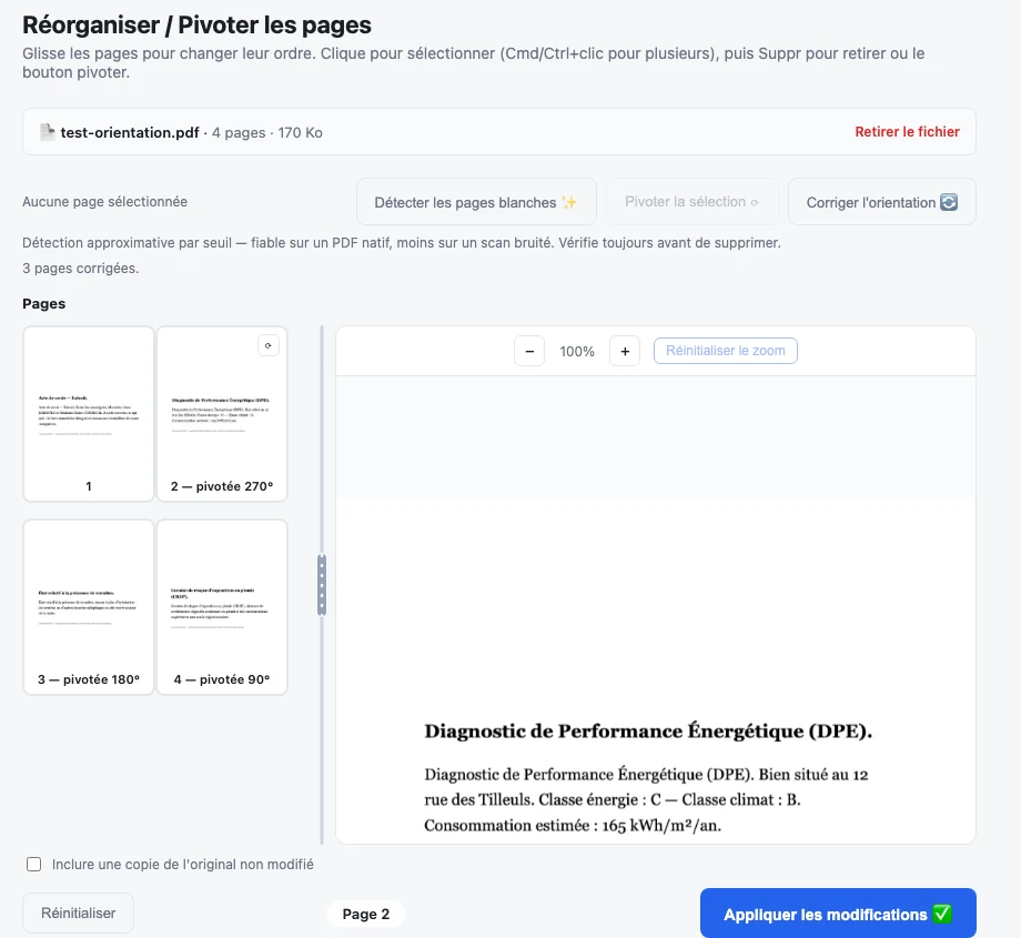 Correction d'orientation appliquée automatiquement : 3 pages pivotées détectées et redressées