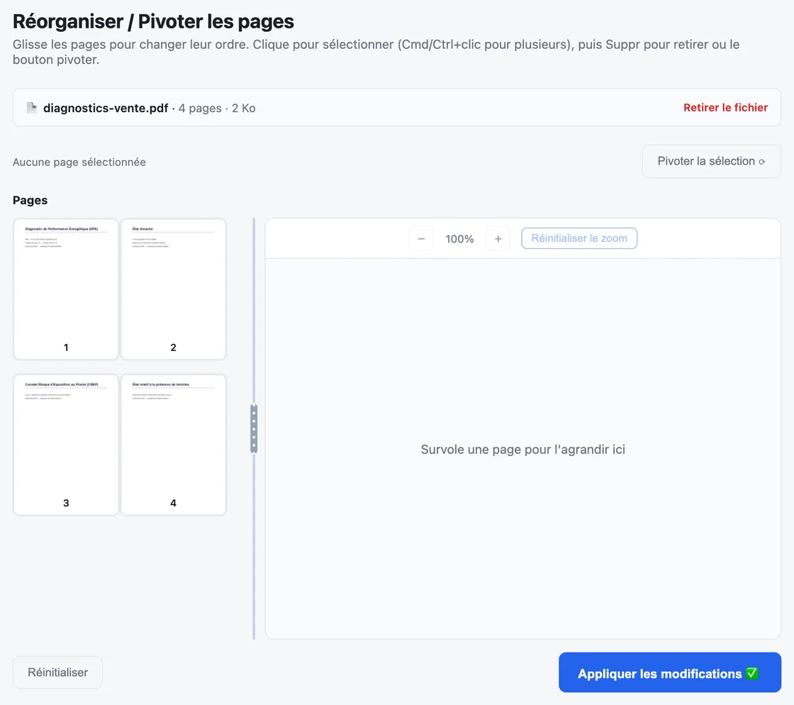 Capture d'écran de l'outil Réorganiser / Pivoter dans MyFolio PDF