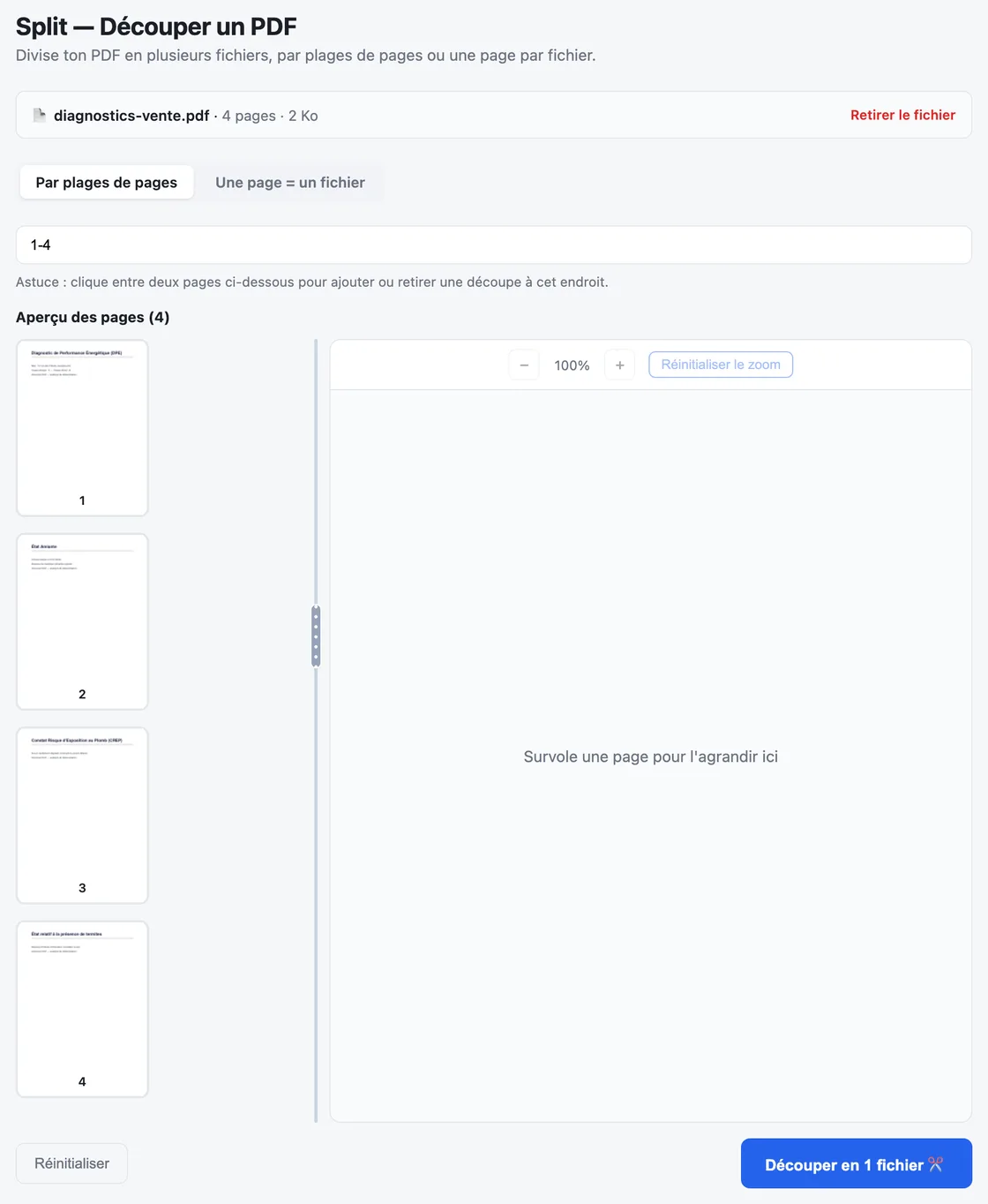 Capture d'écran de l'outil Split dans MyFolio PDF